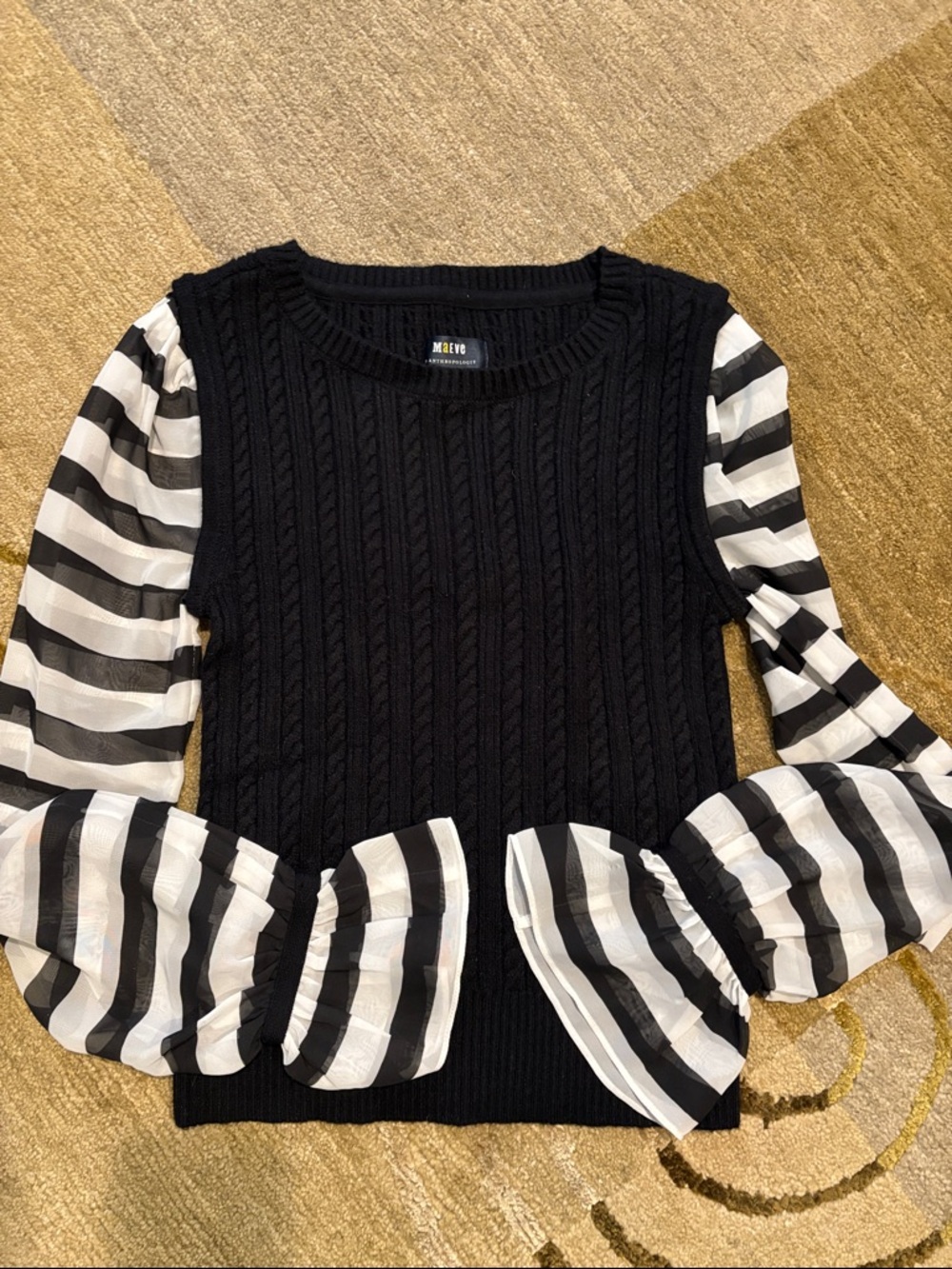Anthropologie Maeve Black Ribbed Knit Top with Silky Sleeve